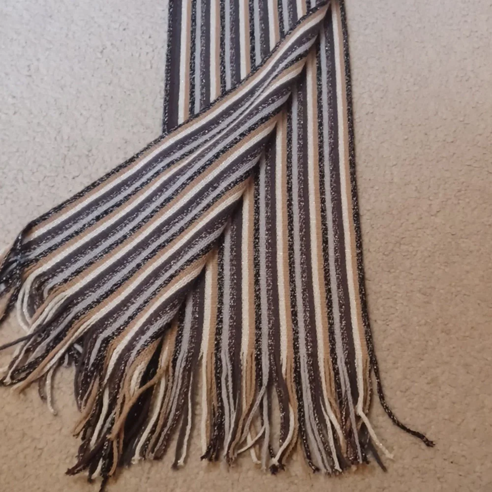 Cejon Earthtone Striped Scarf With Fringe And Sparkle